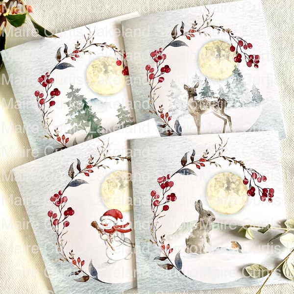 Berry Wreath Christmas Card Pack of 4 in Blue or White