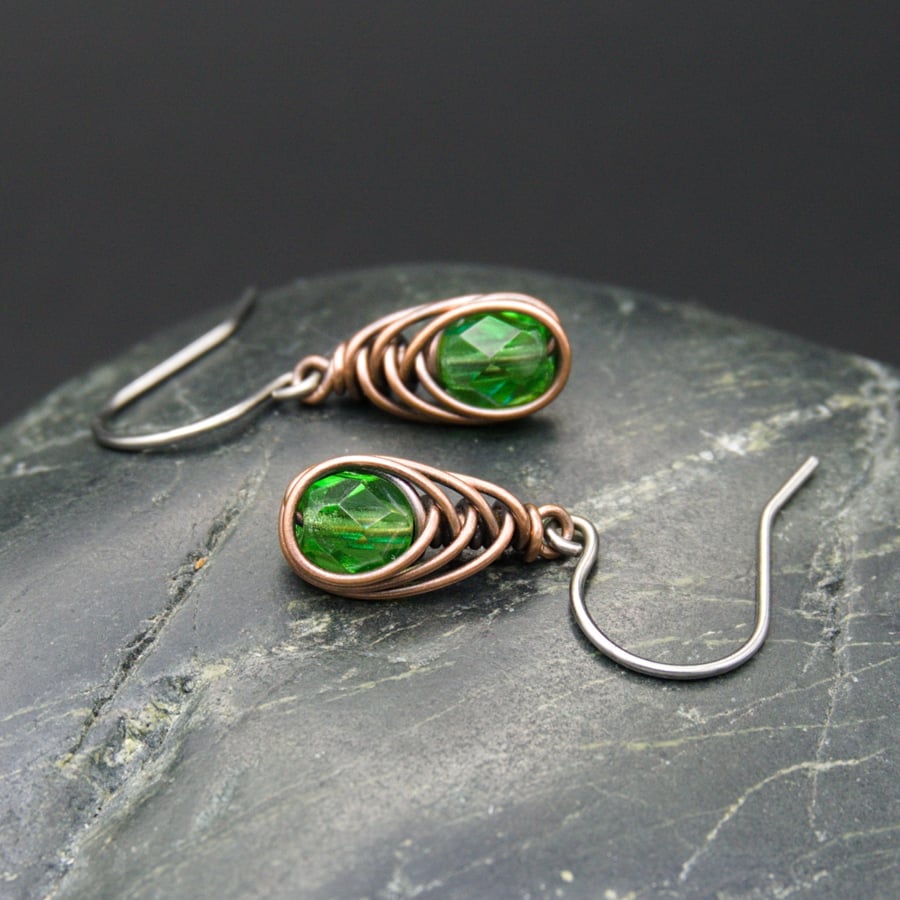 Copper Wire Wrapped Earrings with Faceted Emerald Green Glass Beads
