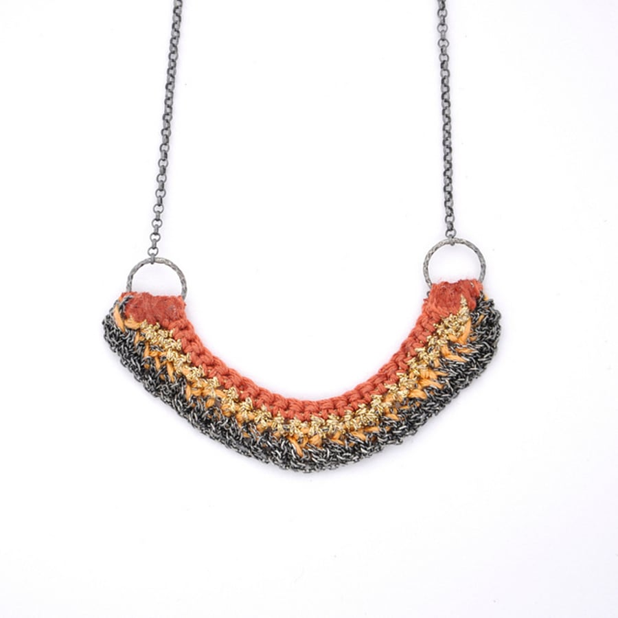 Crocheted Chains Necklace - Rust and Gold