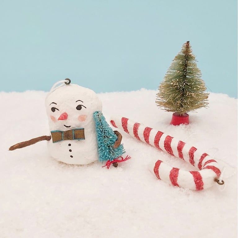 Spun Cotton Snowman and Candy Cane Decorations 