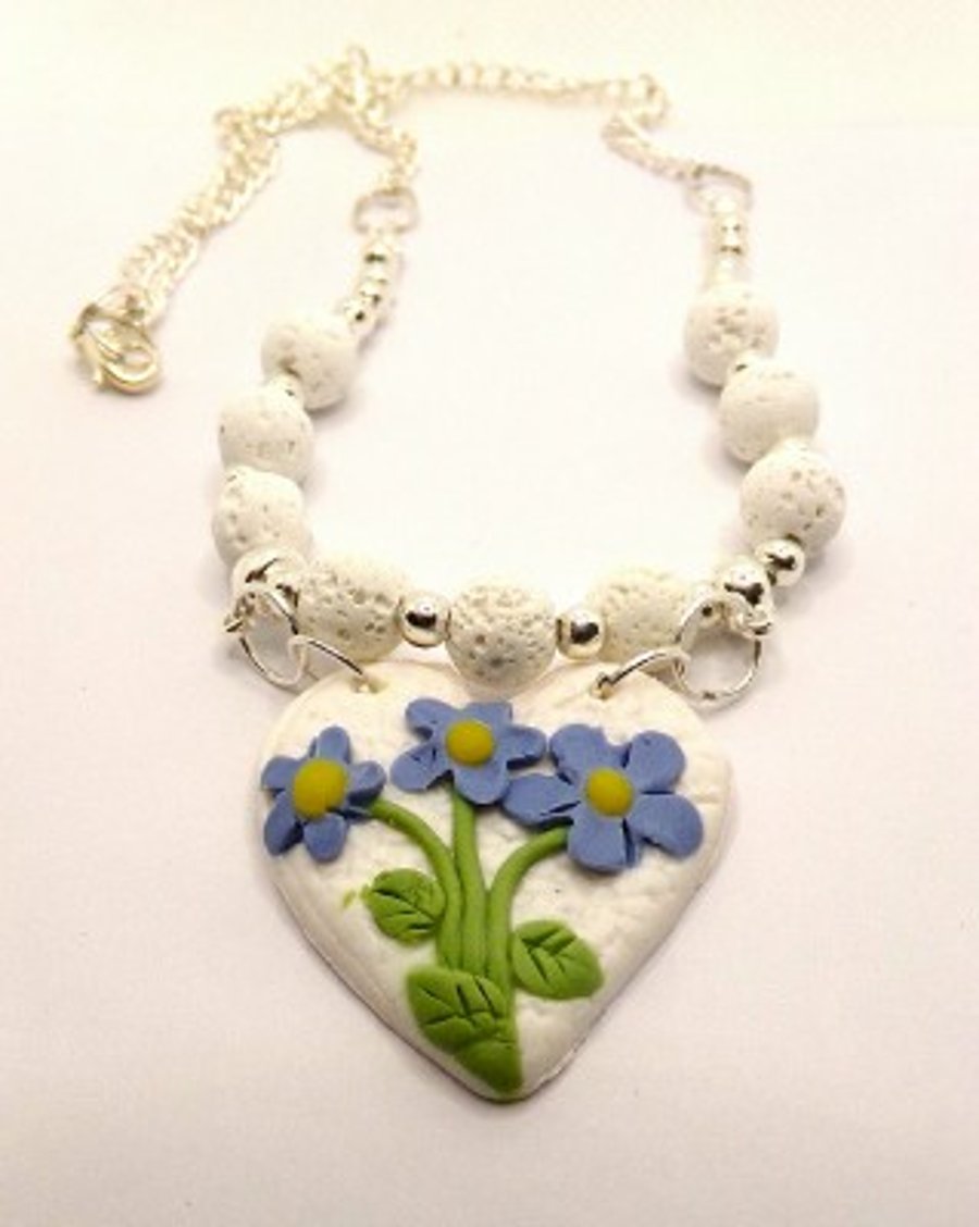  Forget-Me-Not  Heart  and Lava Stone Pendant Necklace