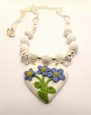  Forget-Me-Not  Heart  and Lava Stone Pendant Necklace