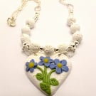 Forget-Me-Not  Heart  and Lava Stone Pendant Necklace