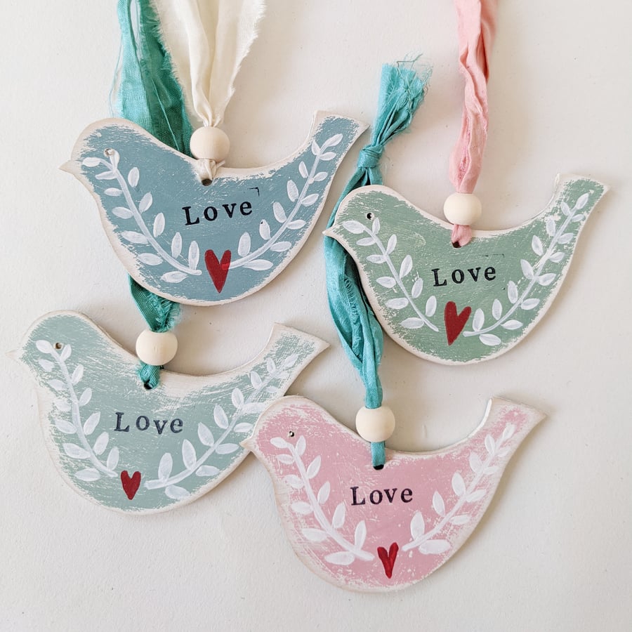 Painted Wooden Bird Hanging Decoration 'Love'