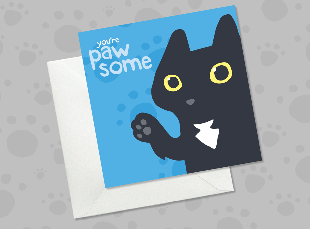 You're Pawsome Black Cat Greeting Card, Cute Blue card for Cat Lovers