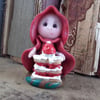 Tiny Garden Party Gnome 'Daphne' with cream cake OOAK Sculpt Ann Galvin