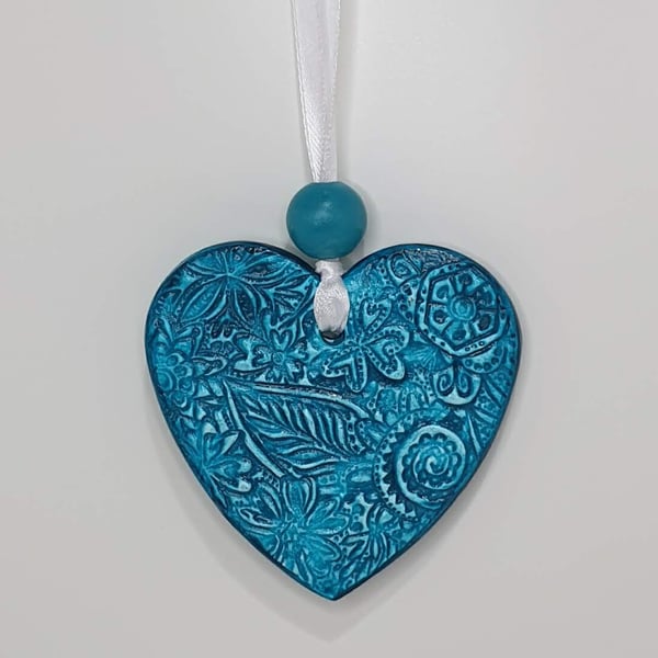 Clay heart hanging decoration, petrol blue and white, pretty gift for her 