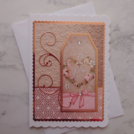 Love Heart Flowers Embossed Vintage Rose Gold 3D Luxury Handmade Card