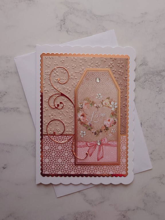 Love Heart Flowers Embossed Vintage Rose Gold 3D Luxury Handmade Card