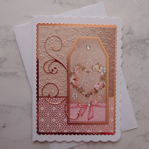 Love Heart Flowers Embossed Vintage Rose Gold 3D Luxury Handmade Card