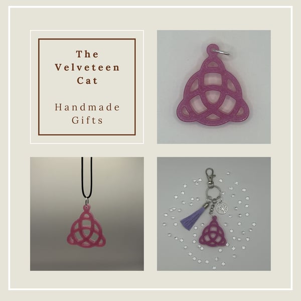 Resin 3 Point Celtic Knot Pendant, Keyring, Bag Charm - Pink Shimmer