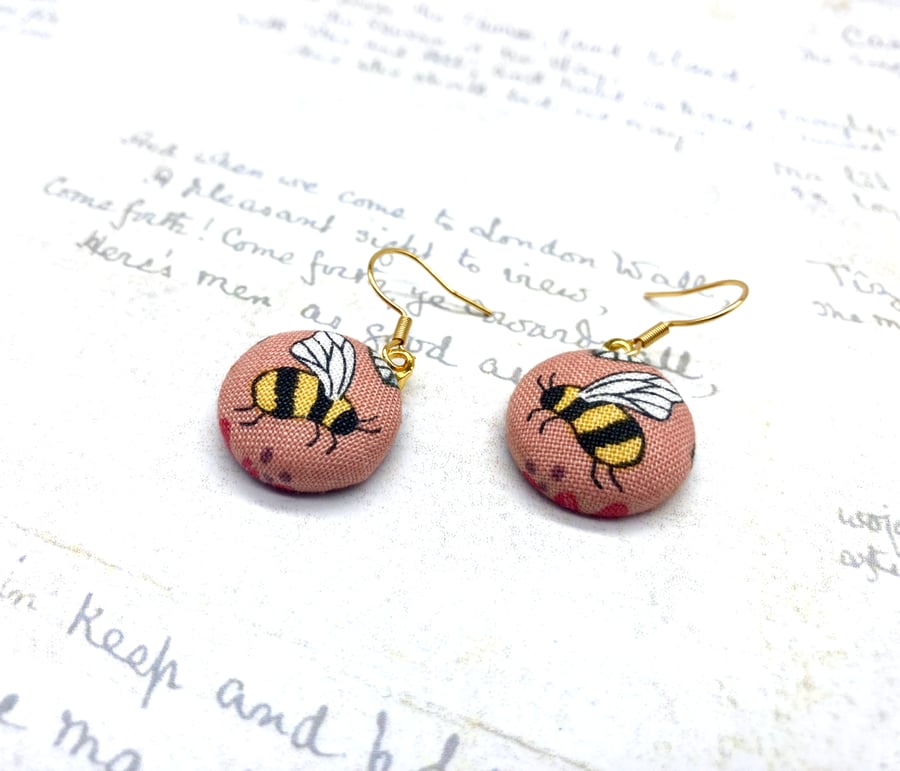 Summer Seconds Bee fabric button earrings nature lovers
