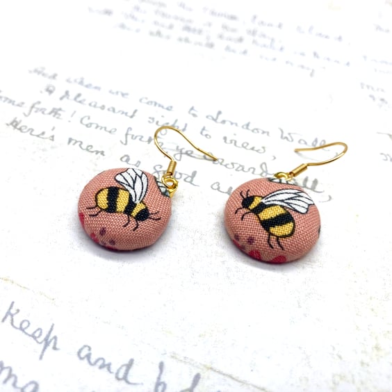 Summer Seconds Bee fabric button earrings nature lovers