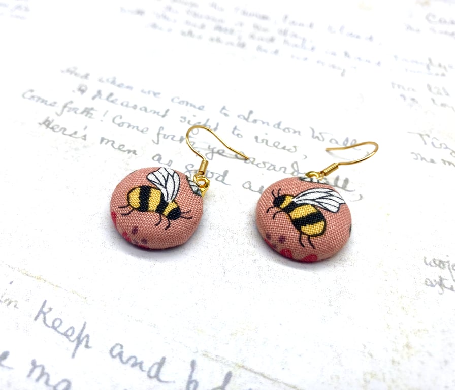 Summer Seconds Bee fabric button earrings nature lovers