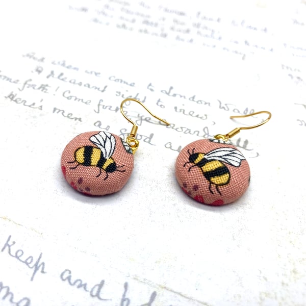Summer Seconds Bee fabric button earrings nature lovers