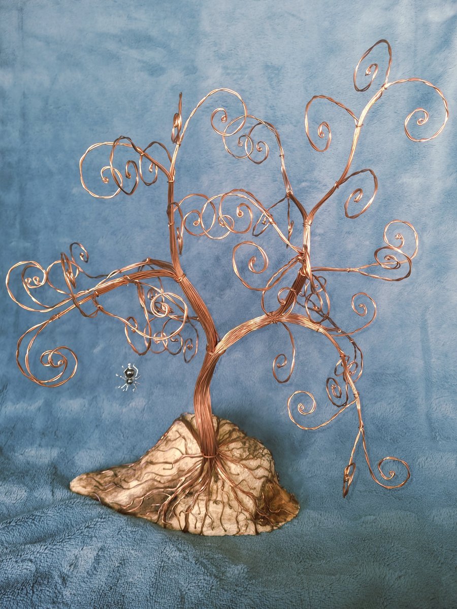 Large Copper Jewellery Tree on Driftwood Base. 