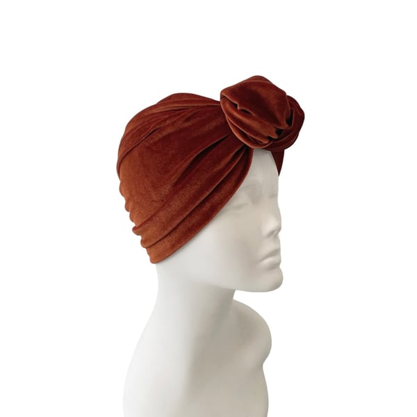 Full Velvet Turban Hat for Women Rust Orange Front Knot Vintage Style Turban Hat