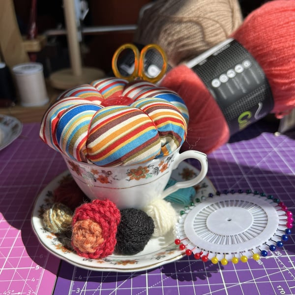 Vintage Teacup Pin Cushion and Sewing Set