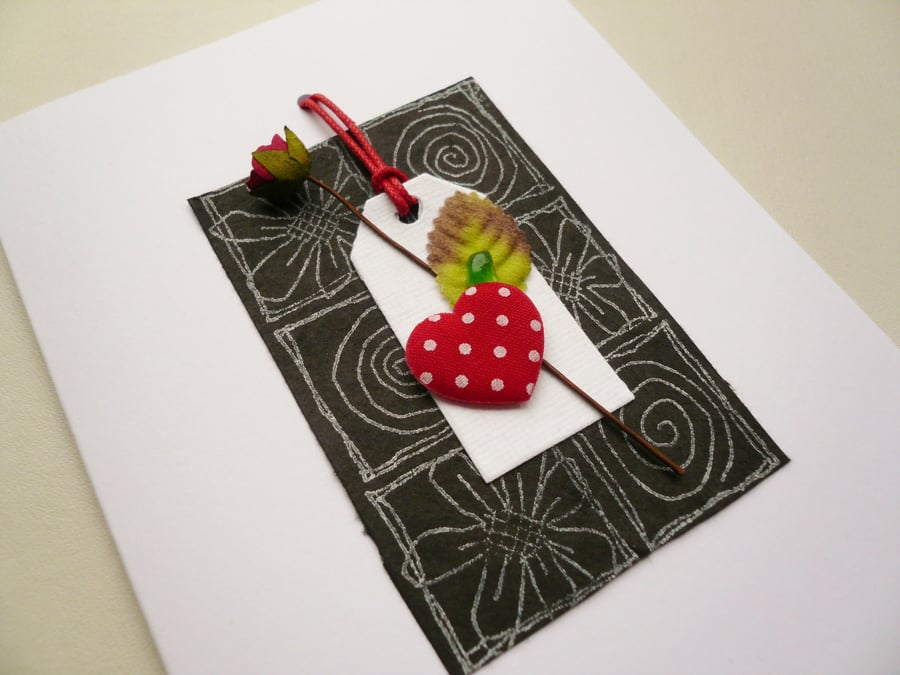 Red Rose and Heart Sea Glass Embellished Greetings Card