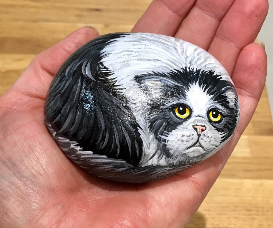 Cat painted pebble garden rock art pet stone portrait 