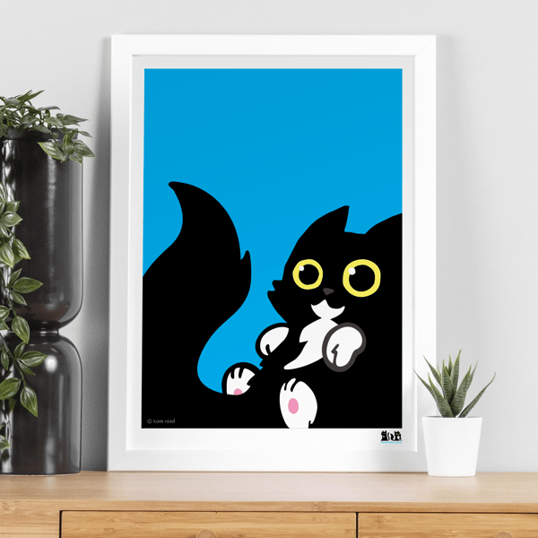 Cheeky tuxedo cat A3 Art Print, Bright blue Art Print with cute Tuxedo cat 
