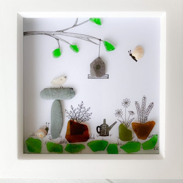 Framed ‘garden life’ pebble, shell, sea glass art