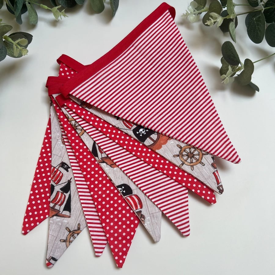 Handmade Fabric Bunting 9 Flags in a Red Pirate Design