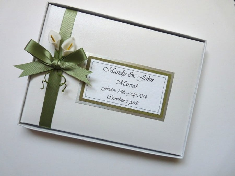 Wedding guest book with lilies, sage green and white wedding guest book