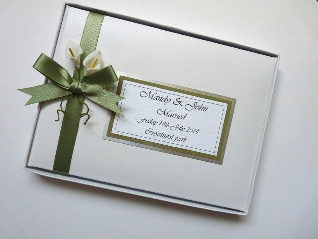 Wedding guest book with lilies, sage green and white wedding guest book