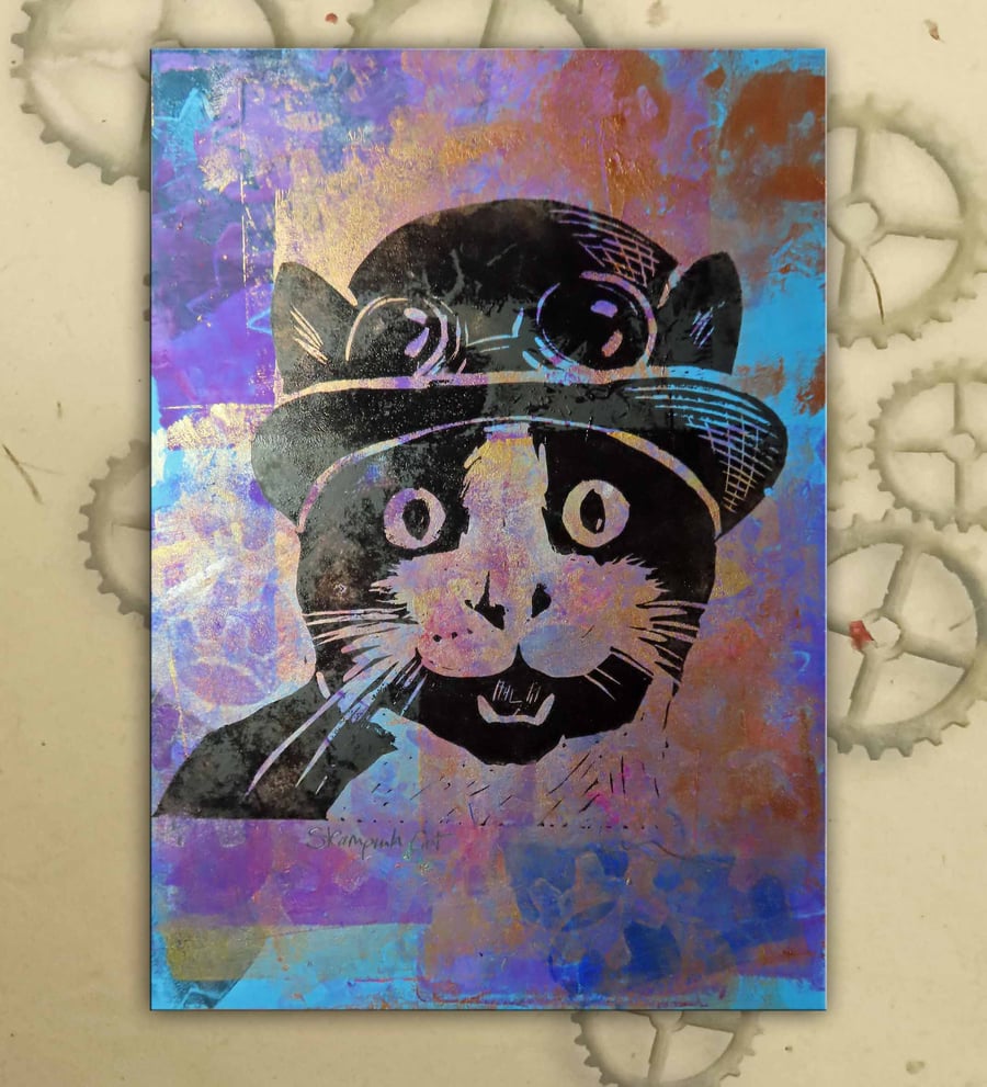 Steampunk Cat One off Hand-Pulled Linocut & Gelli Print Purple 