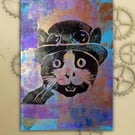 Steampunk Cat One off Hand-Pulled Linocut & Gelli Print Purple 