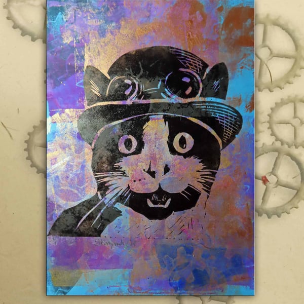 Steampunk Cat One off Hand-Pulled Linocut & Gelli Print Purple 