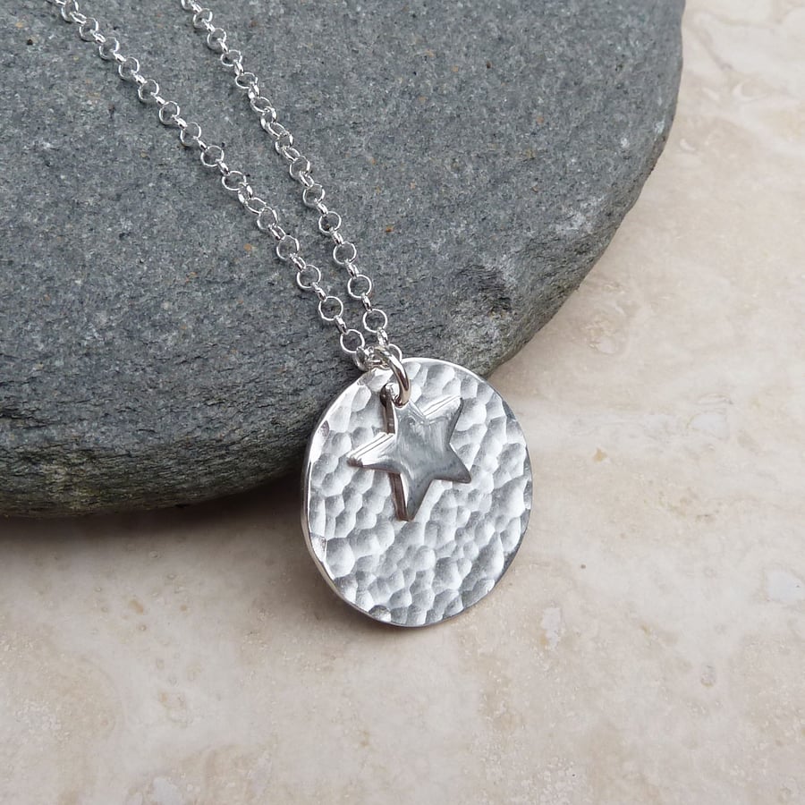 Sterling Silver 20 mm Disc and Star Hammered Pendant Necklace - PEN038