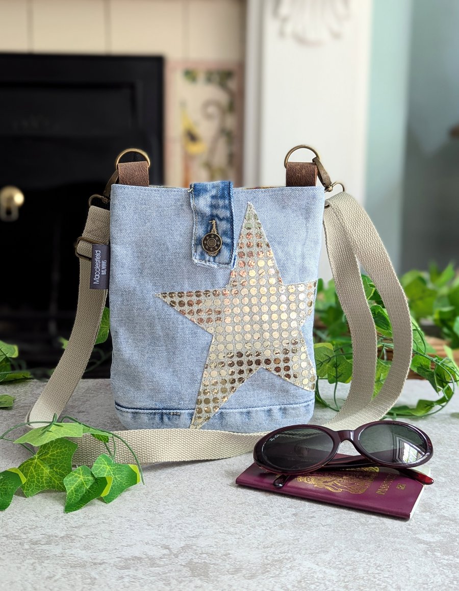Denim Bag Mini Cross Body Jeans Bag with Sparkly Gold Star Motif