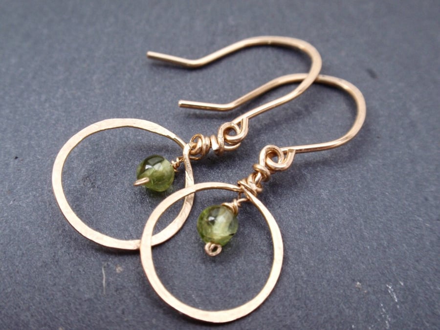 Gold earrings with peridot gemstones, pretty peridot earrings