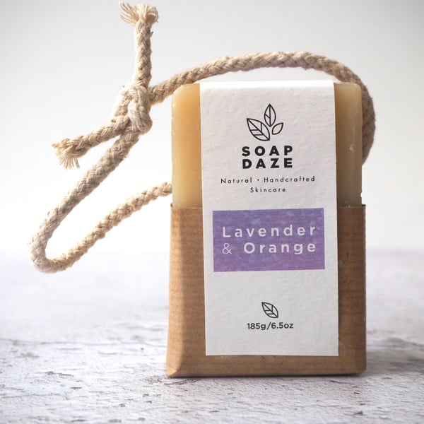 Lavender and Orange soap on rope - unscented, vegan, handmade, essential oils