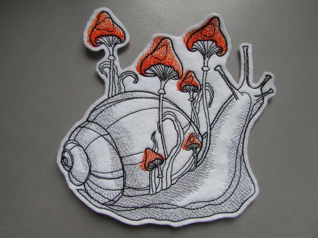 Snail with Orange Mushrooms Fungi Embroidered Sew on Applique Patch