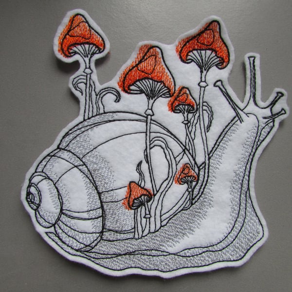 Snail with Orange Mushrooms Fungi Embroidered Sew on Applique Patch