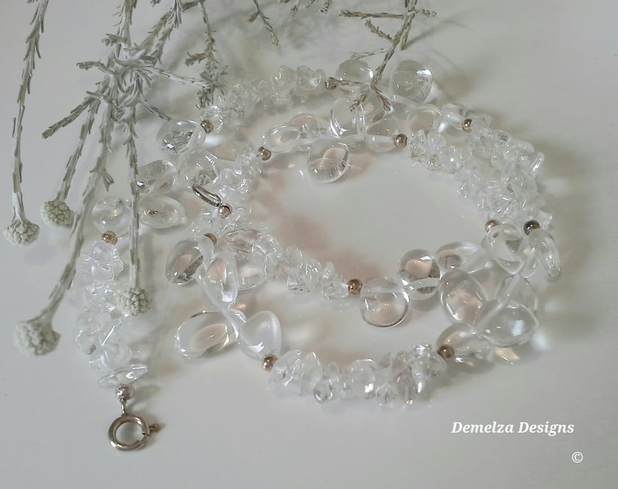 Genuine Diamond Pebble & Nugget Quartz Sterling Silver Necklace 