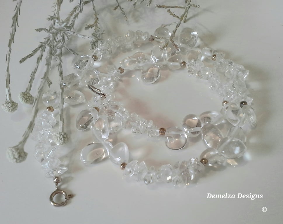 Genuine Diamond Pebble & Nugget Quartz Sterling Silver Necklace 