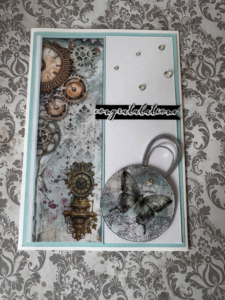 Handmade Steampunk Butterfly "Congratulations" Card – 5x7 Clock & Gear Design