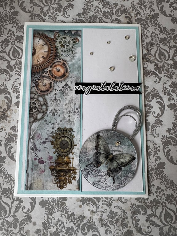 Handmade Steampunk Butterfly "Congratulations" Card – 5x7 Clock & Gear Design