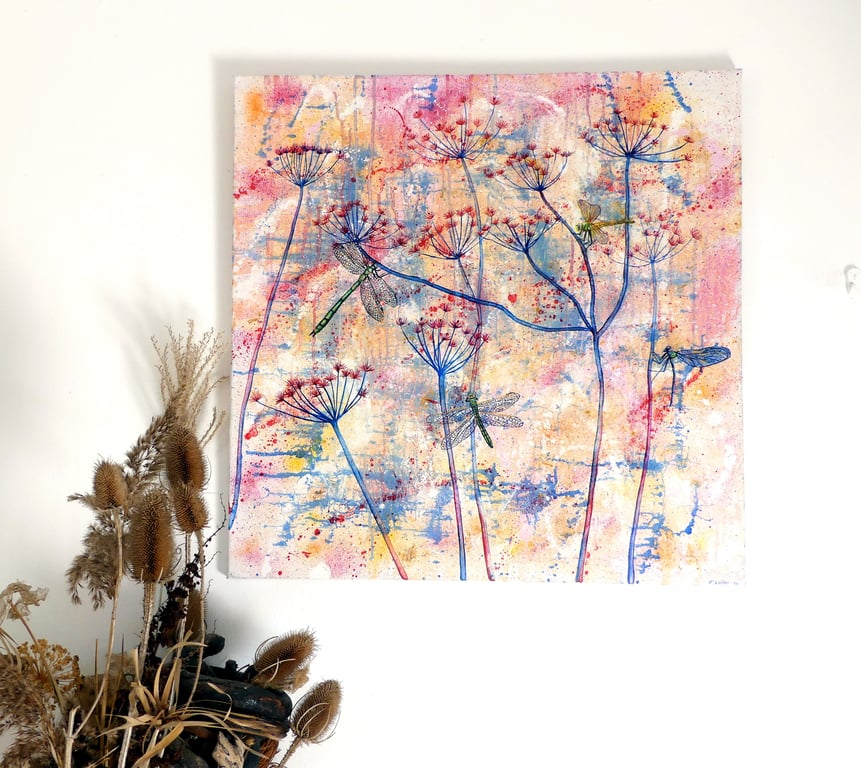 Dragonfly Floral Oil Painting:Original Framed Square Cow Parsley Canvas
