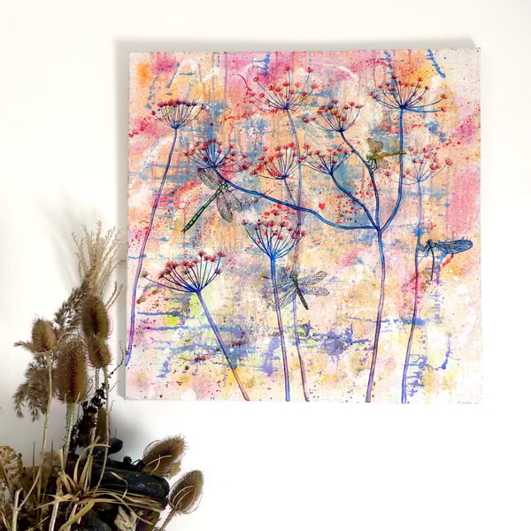 Dragonfly Floral Oil Painting:Original Framed Square Cow Parsley Canvas