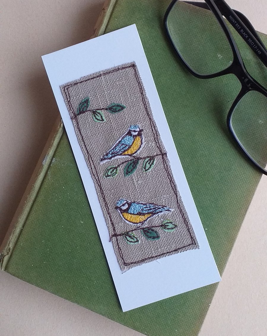 Card Bookmark with Embroidered Blue Tits