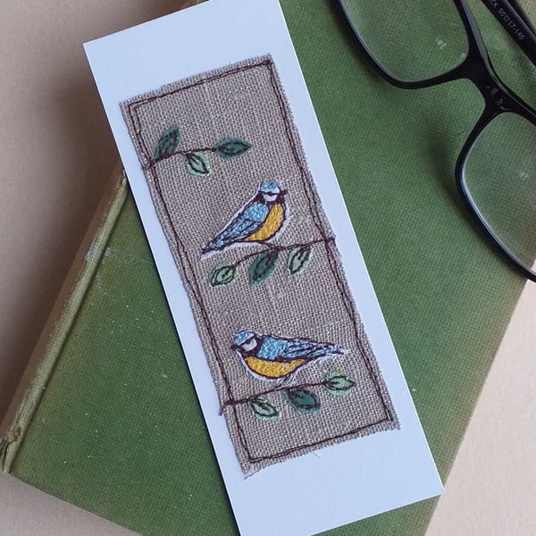 Card Bookmark with Embroidered Blue Tits