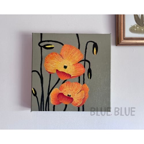 Orange Poppy Painting – Hand Painted Floral Boxed Canvas Wall Art  30 x 30 cm