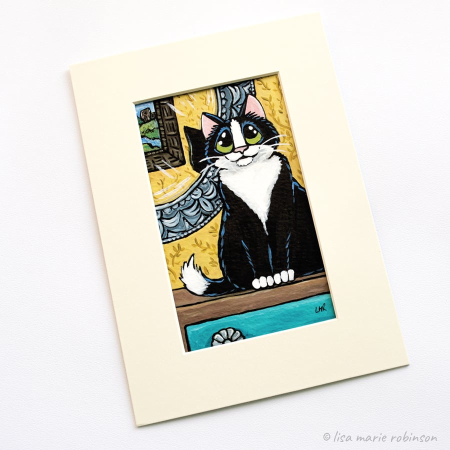 Tuxedo Cat Original Acrylic Painting (5 x 3 Inches)