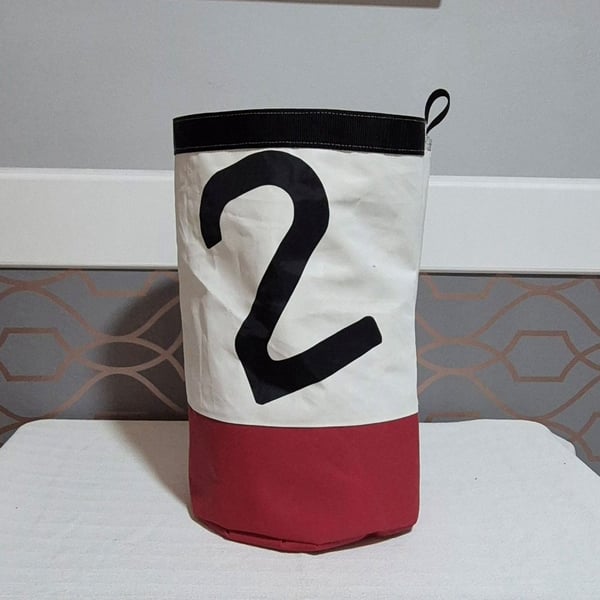 Upcycled Sailcloth Storage Bucket – Handmade Toy Basket with nautical Number 