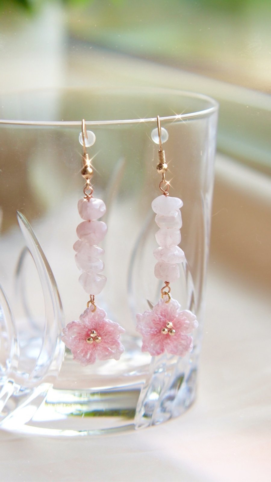 Rose Quartz Microcrochet Floral Earrings 